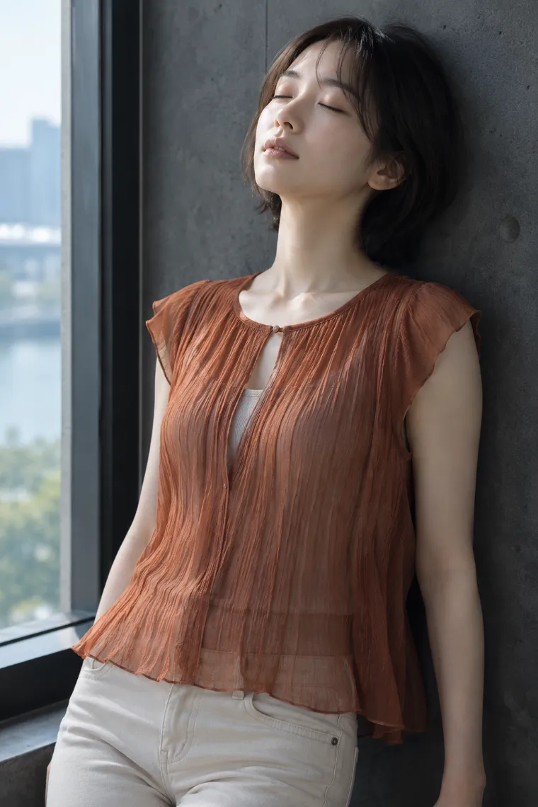 実写AI版｜窓辺の壁にもたれて目を閉じるポーズ｜壁を使った女の子のポーズ