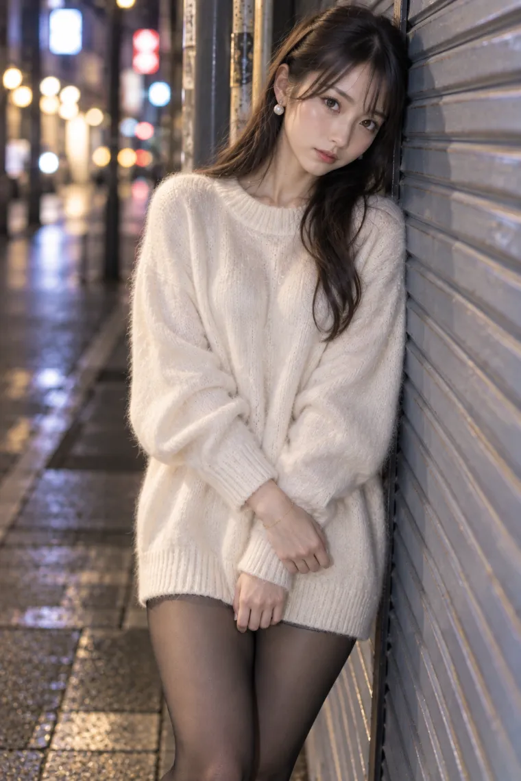 実写AI版｜夜の壁に頭と肩を預けるポーズ｜壁を使った女の子のポーズ