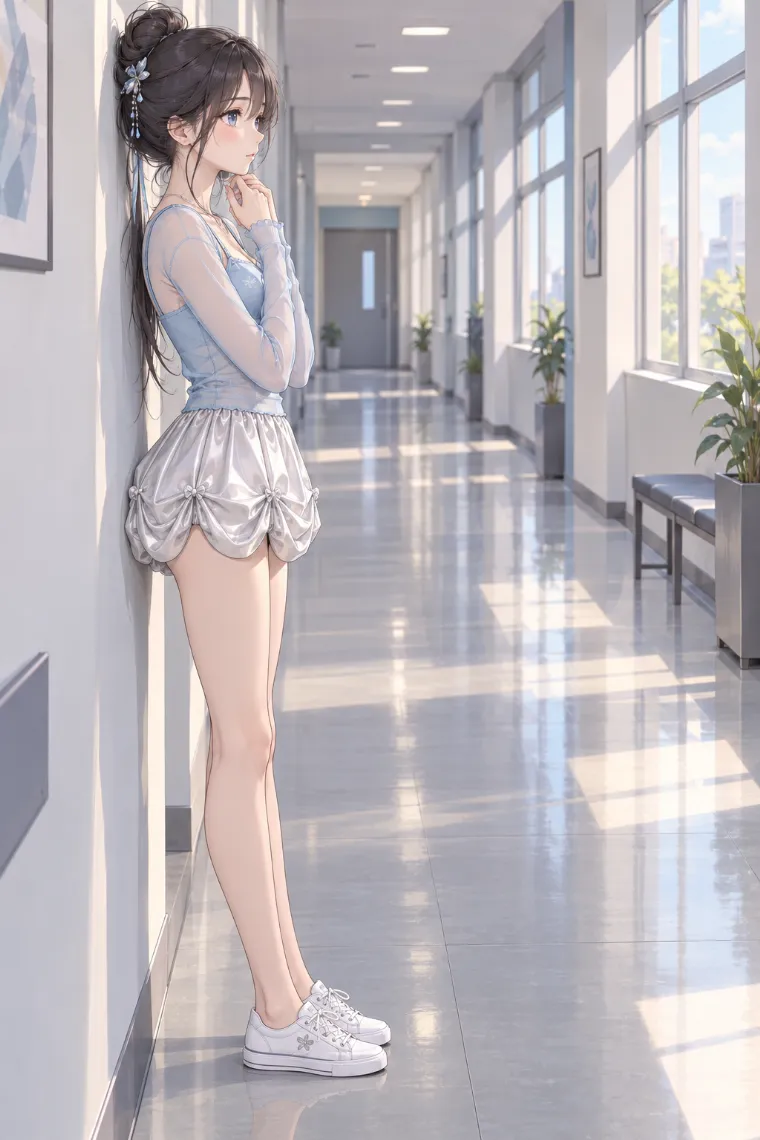 AIイラスト版｜廊下の壁にもたれて両手を顎下に添えるポーズ｜壁を使った女の子のポーズ