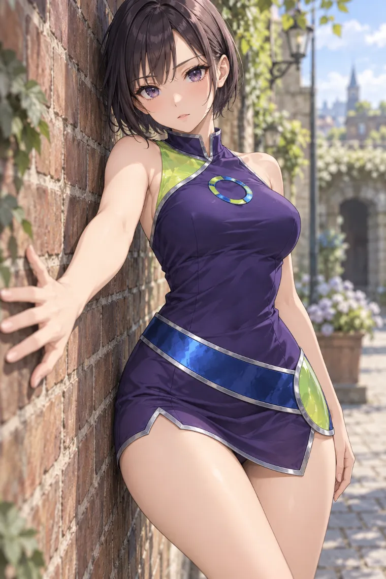 AIイラスト版｜レンガ壁に身体を寄せて片腕を伸ばすポーズ｜壁を使った女の子のポーズ