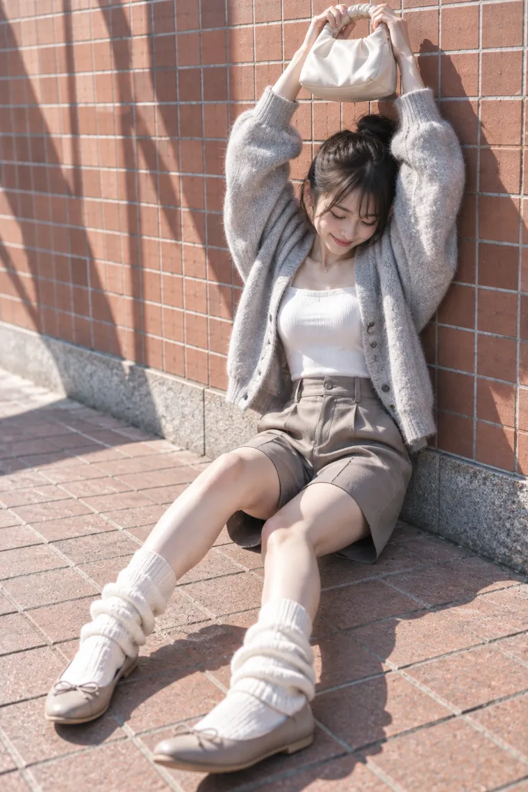 実写AI版｜壁際の床に座ってバッグを頭上に掲げるポーズ｜壁を使った女の子のポーズ