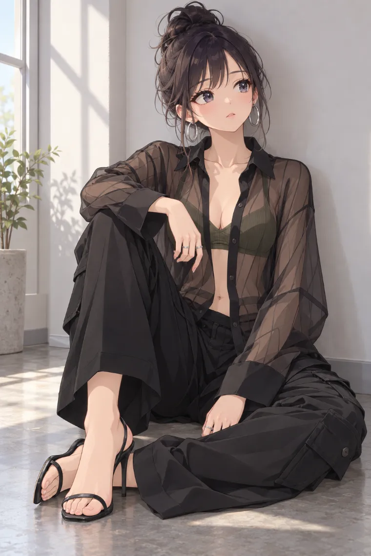 AIイラスト版｜壁を背もたれにして片膝を立てるポーズ｜壁を使った女の子のポーズ