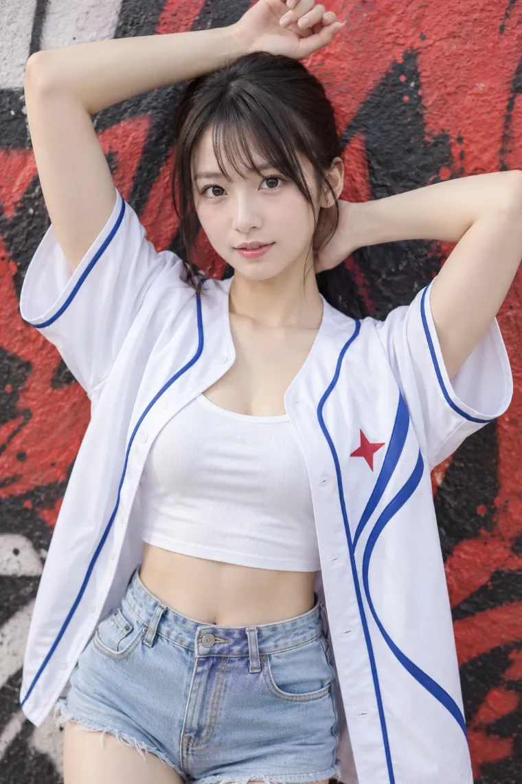 実写AI版｜両腕で顔を囲むポーズ｜壁を使った女の子のポーズ