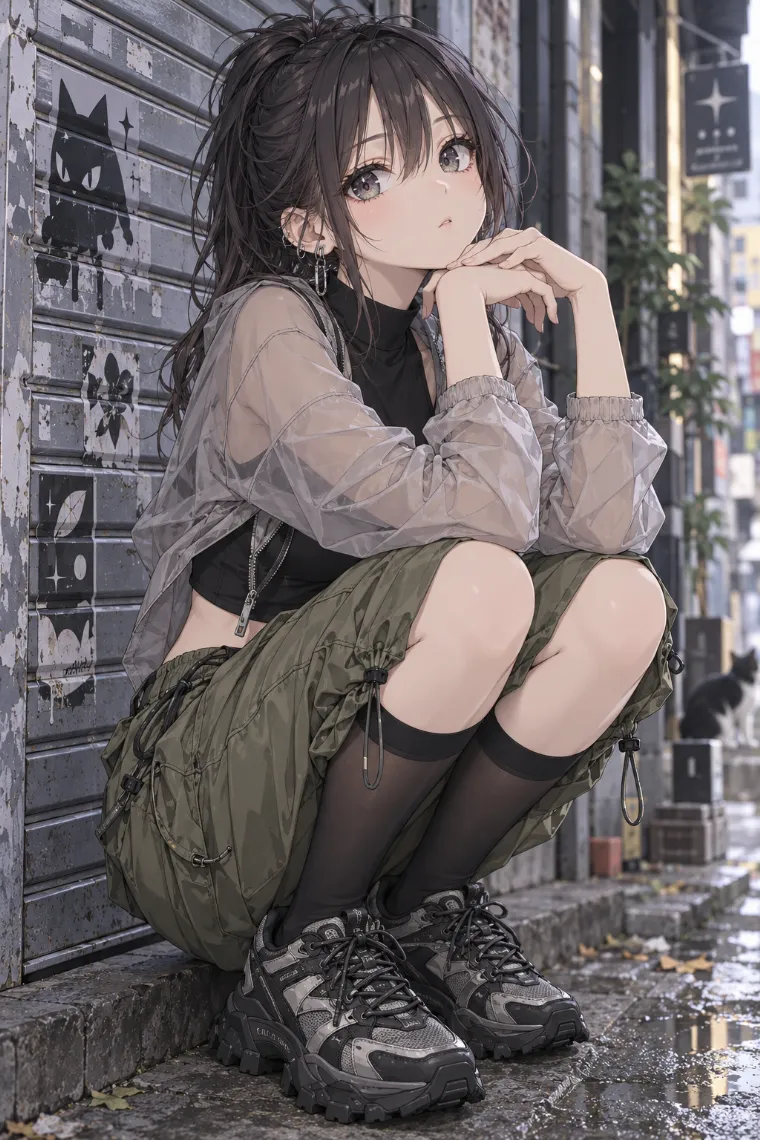 AIイラスト版｜シャッター横で深くしゃがむポーズ｜壁を使った女の子のポーズ