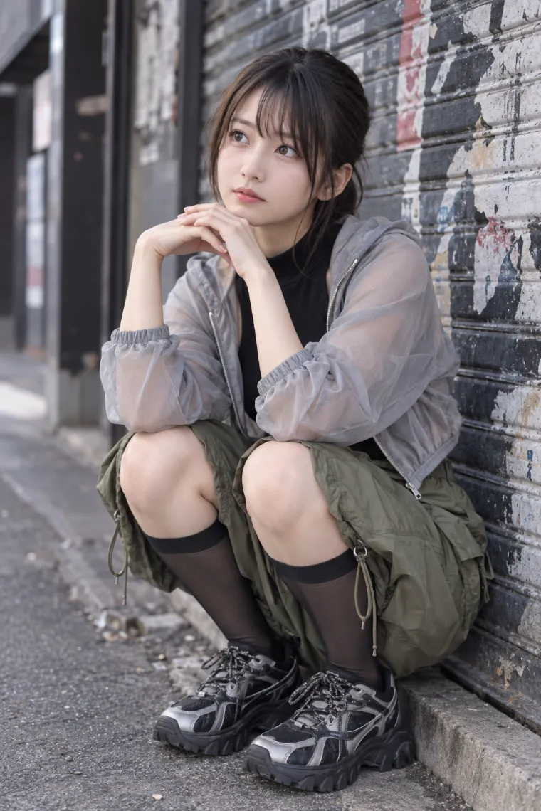 実写AI版｜シャッター横で深くしゃがむポーズ｜壁を使った女の子のポーズ