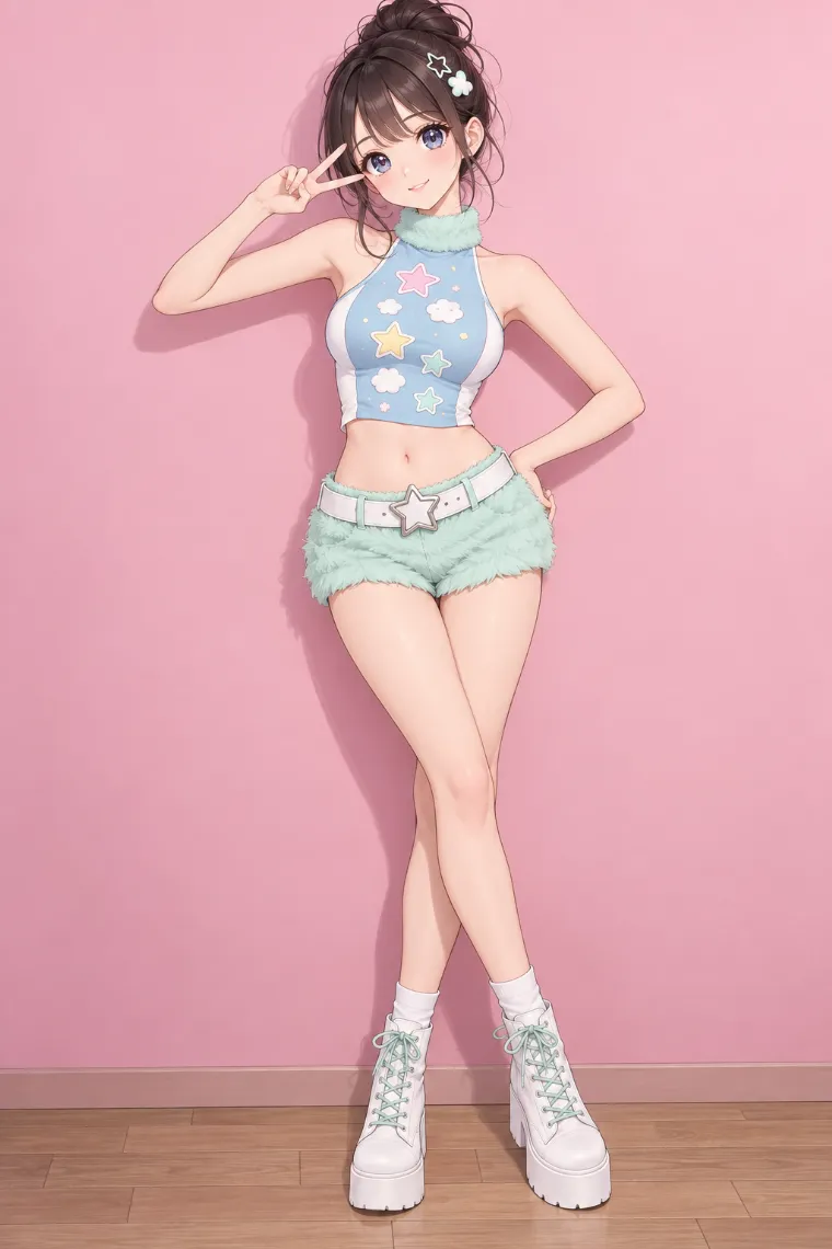 AIイラスト版｜壁にもたれて顔の横でVサインをするポーズ｜壁を使った女の子のポーズ