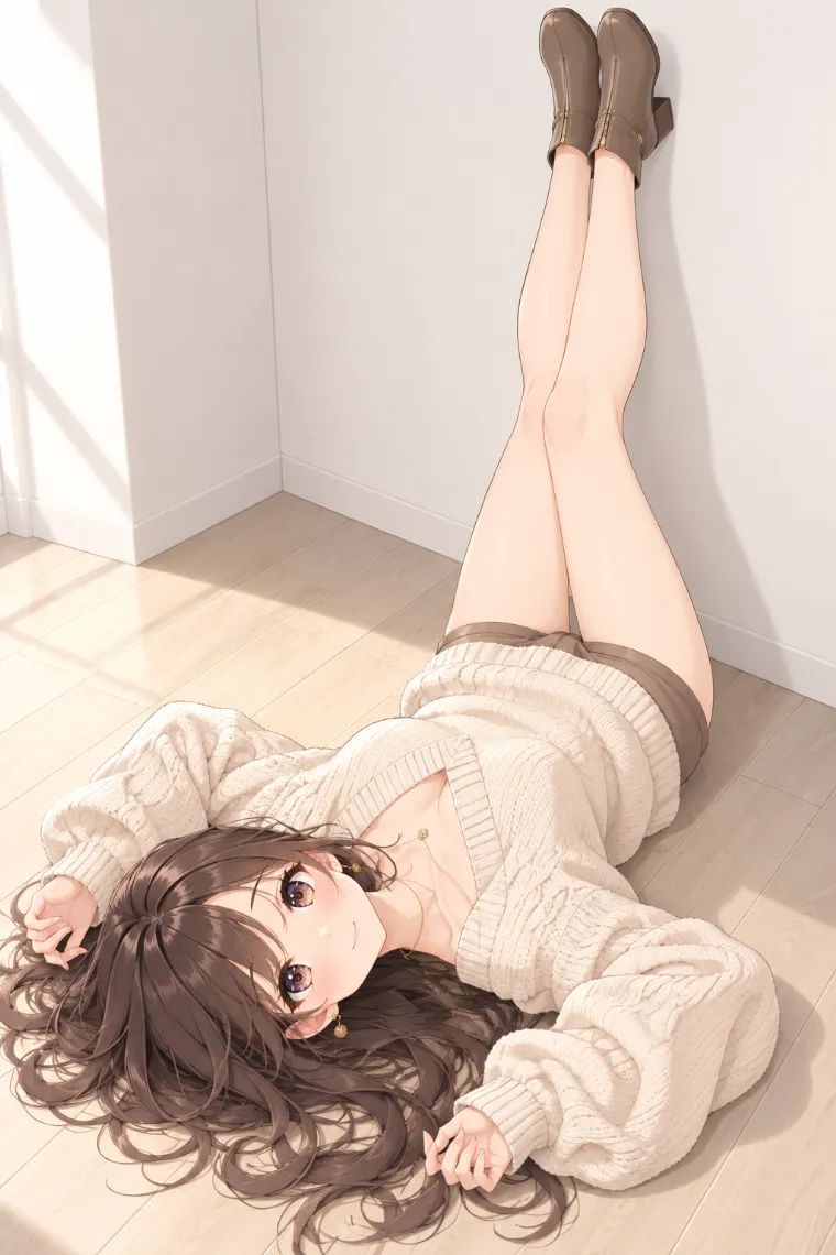 AIイラスト版｜床に寝て両脚を壁へ伸ばすポーズ｜壁を使った女の子のポーズ