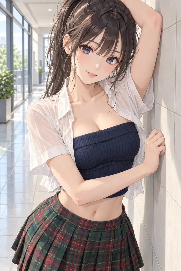 AIイラスト版｜両手を高さ違いでタイル壁につくポーズ｜壁を使った女の子のポーズ