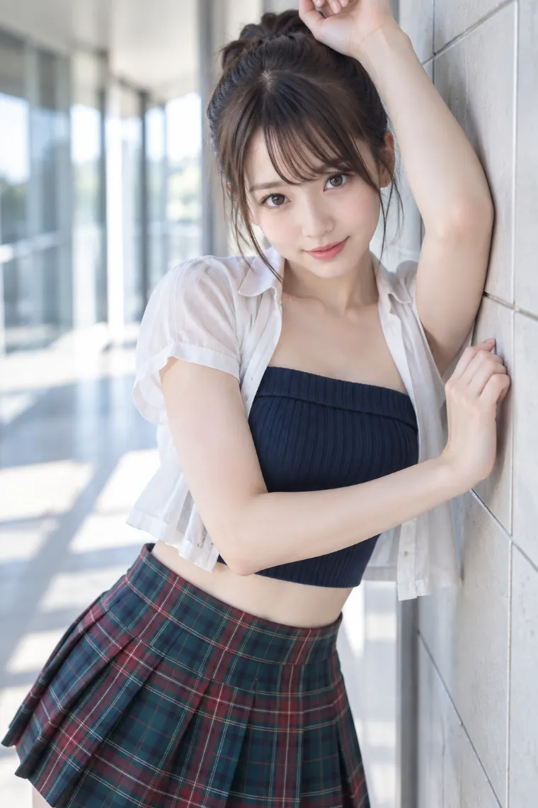 実写AI版｜両手を高さ違いでタイル壁につくポーズ｜壁を使った女の子のポーズ
