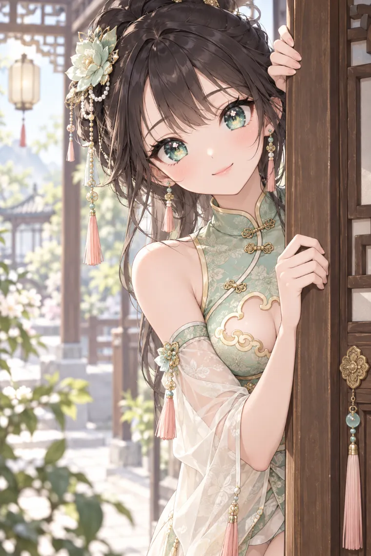 AIイラスト版｜両手でドア枠をつかんでのぞくポーズ｜壁を使った女の子のポーズ