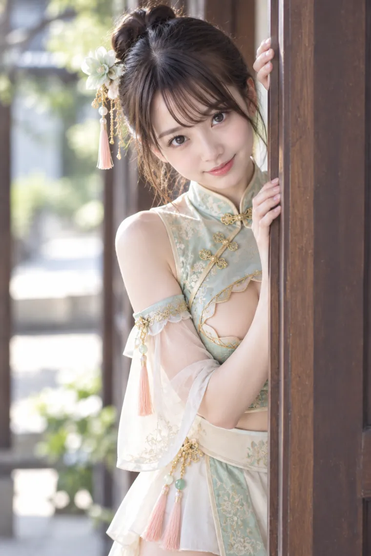 実写AI版｜両手でドア枠をつかんでのぞくポーズ｜壁を使った女の子のポーズ