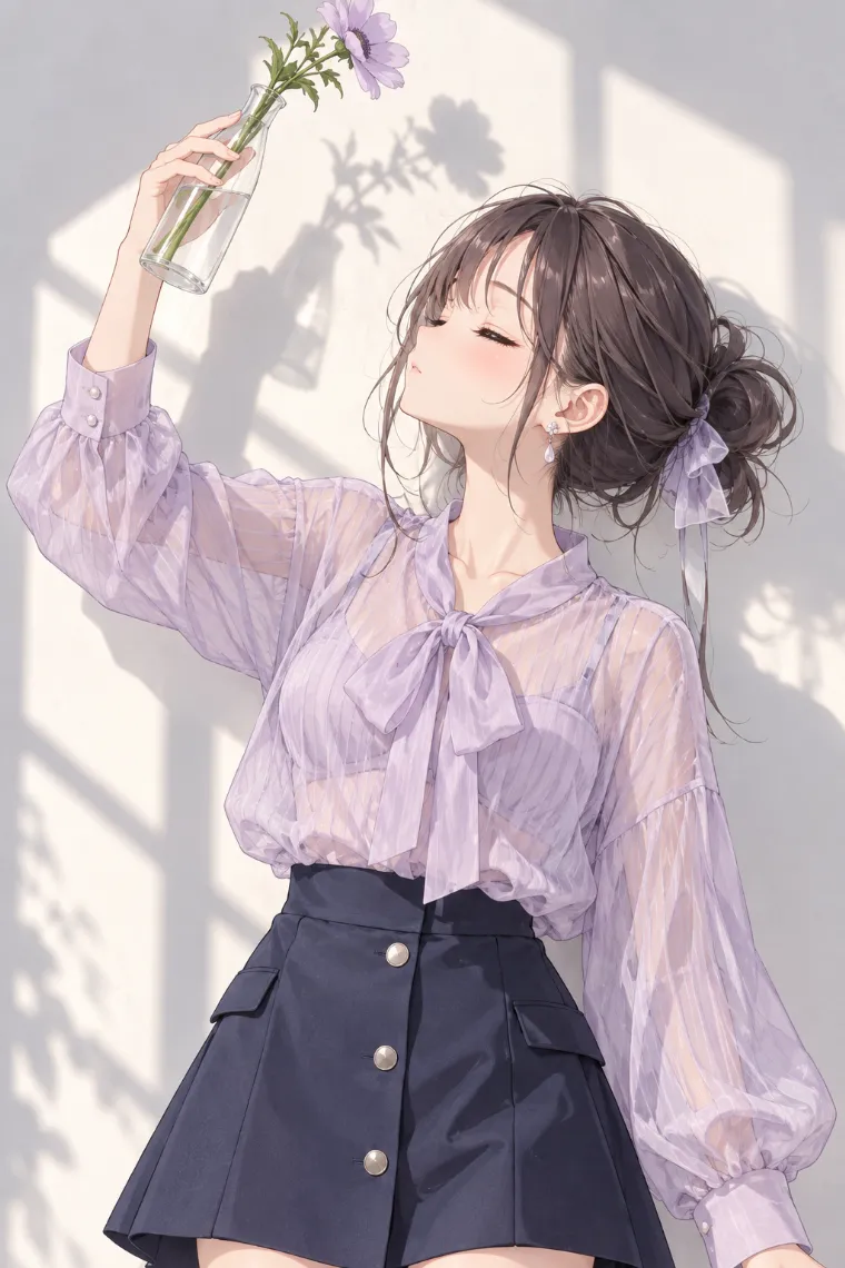 AIイラスト版｜一輪挿しを顔より高く掲げて目を閉じるポーズ｜壁を使った女の子のポーズ