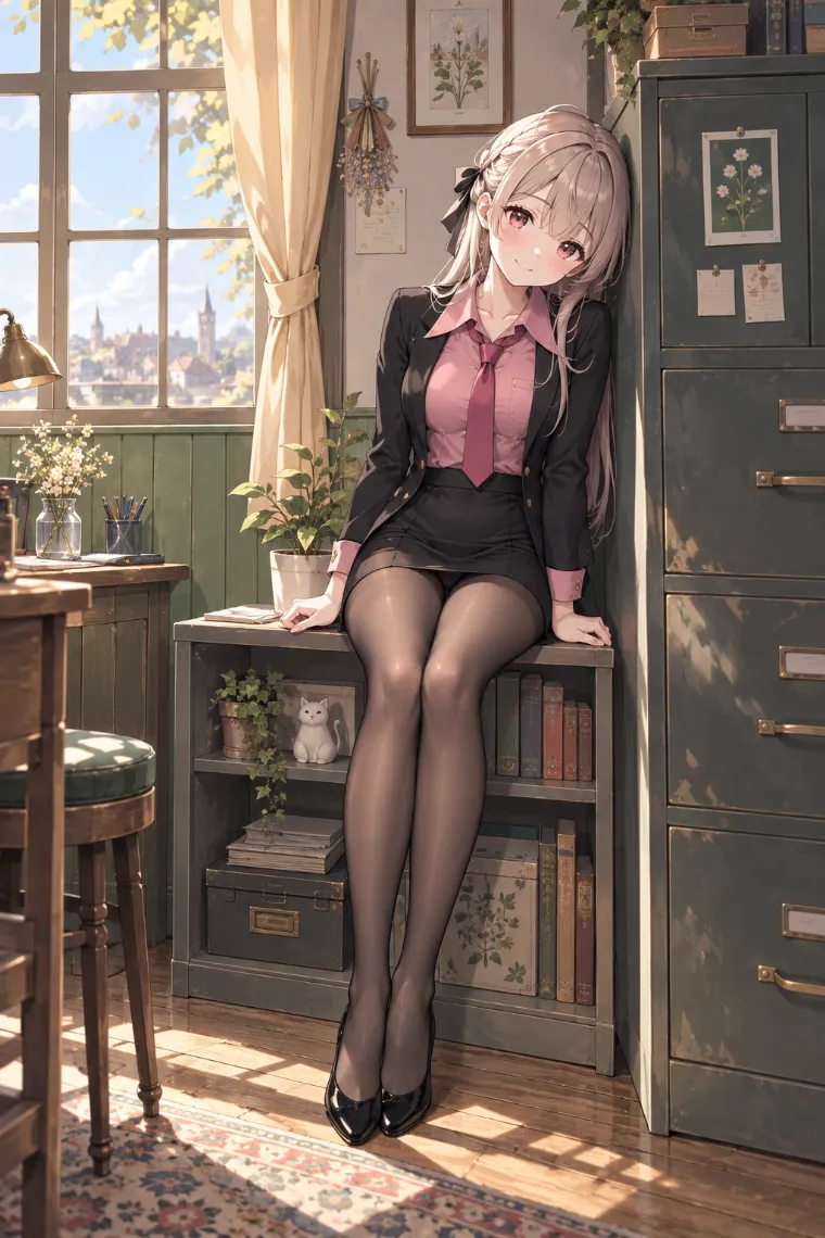 AIイラスト版｜収納棚に座って隣の棚に頭を預けるポーズ｜壁を使った女の子のポーズ