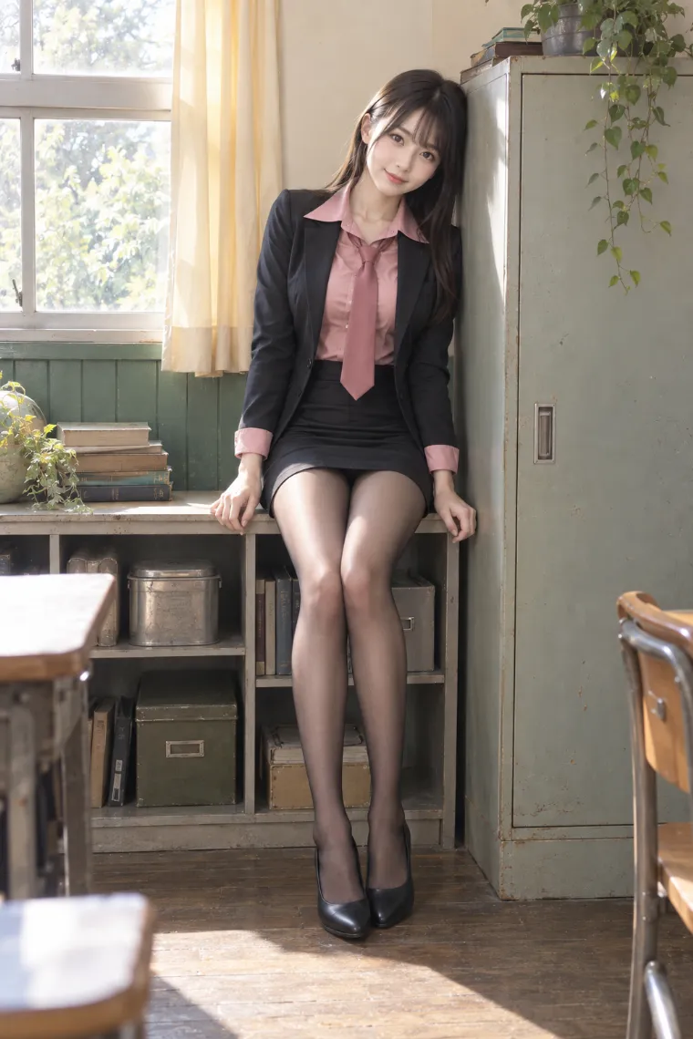 実写AI版｜収納棚に座って隣の棚に頭を預けるポーズ｜壁を使った女の子のポーズ