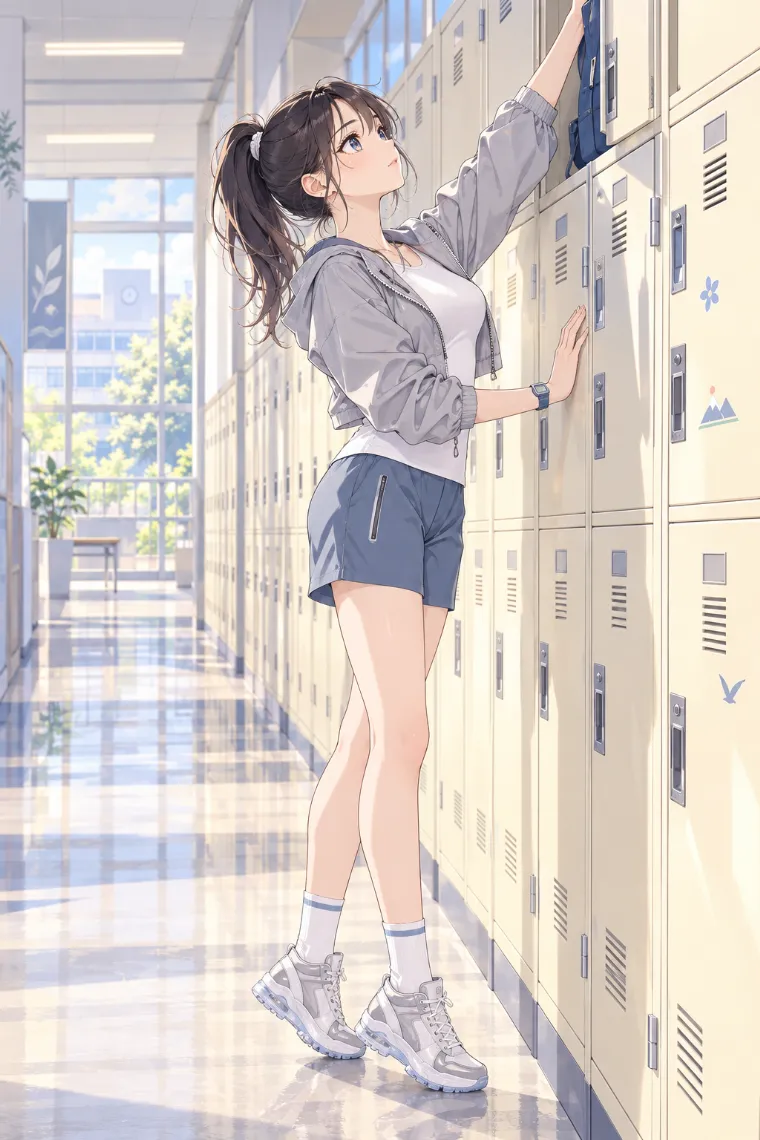 AIイラスト版｜ロッカー上段へ片手を伸ばすポーズ｜壁を使った女の子のポーズ