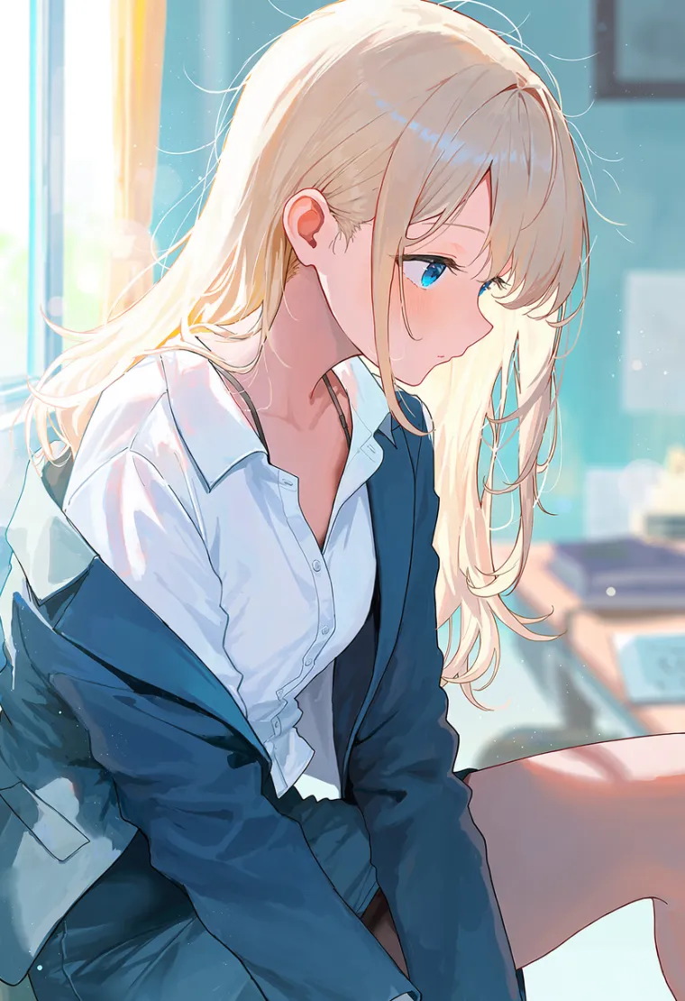 白シャツとブレザーを着崩し、ペンシルスカート姿で猫背になる女性のAIイラスト