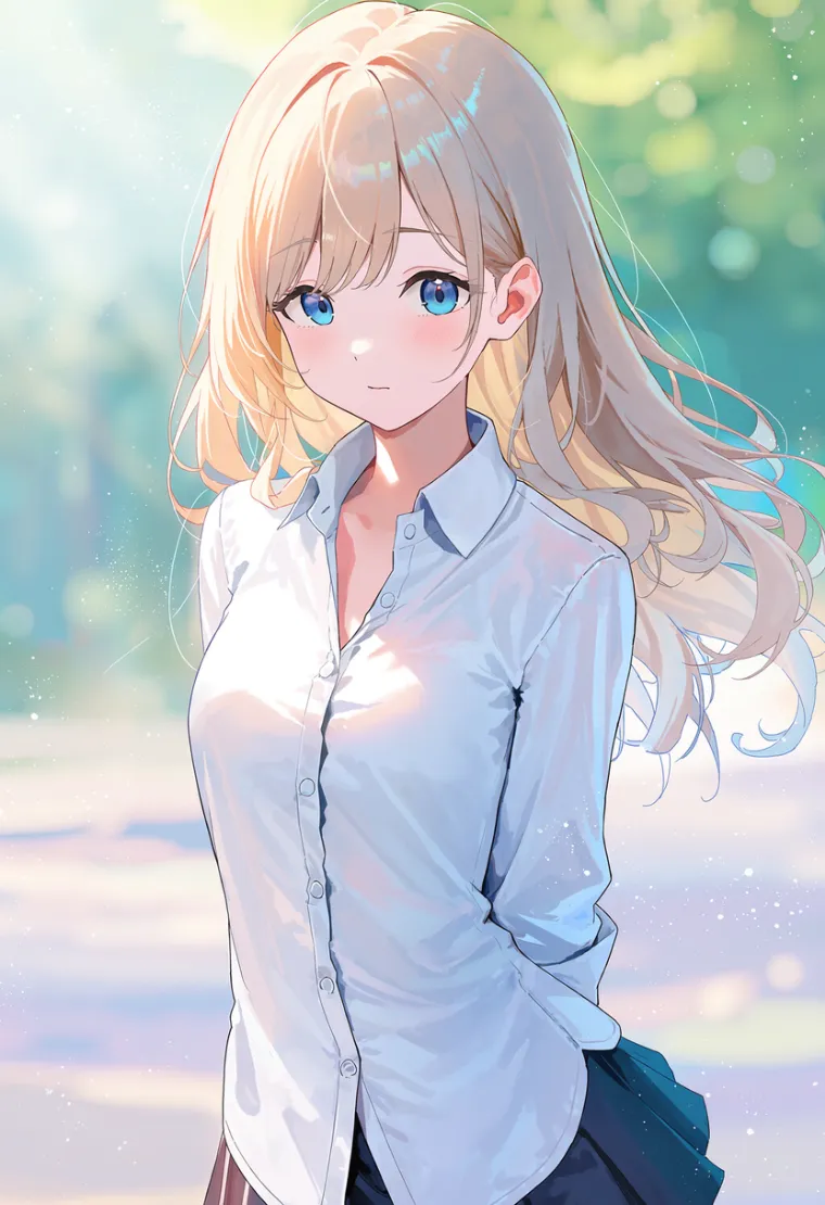 白シャツの裾を出し、ボタンを一部外したプリーツミニスカート姿の女性を描いたAIイラスト