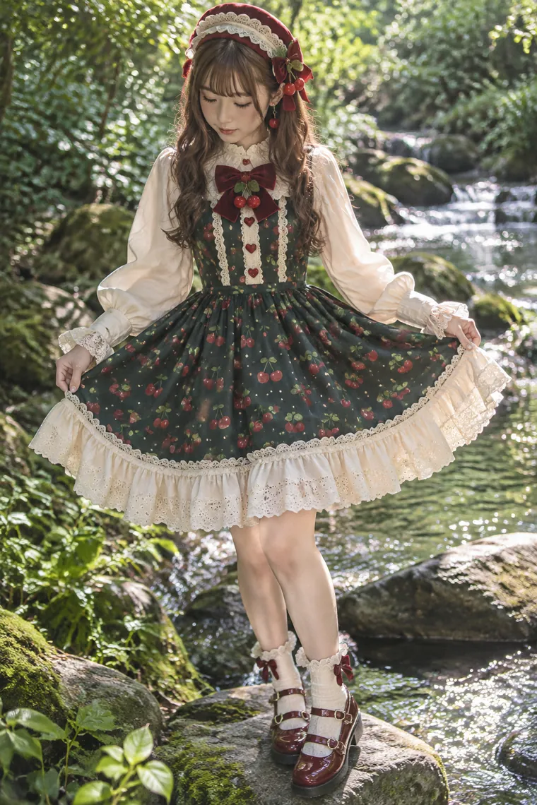 実写AI版｜水辺でスカートの裾を広げ、視線を落とすポーズ｜スカートふわりのポーズ