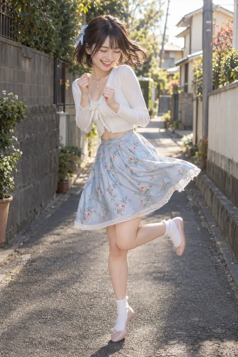 実写AI版｜胸元に手を寄せ、くるりと跳ねるポーズ｜スカートふわりのポーズ