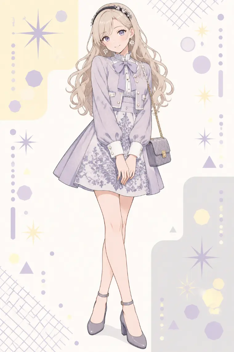 AIイラスト版｜ラベンダーグレーのショートジャケット、ダマスク柄のフレアミニドレス、花飾りのヘッドバンド