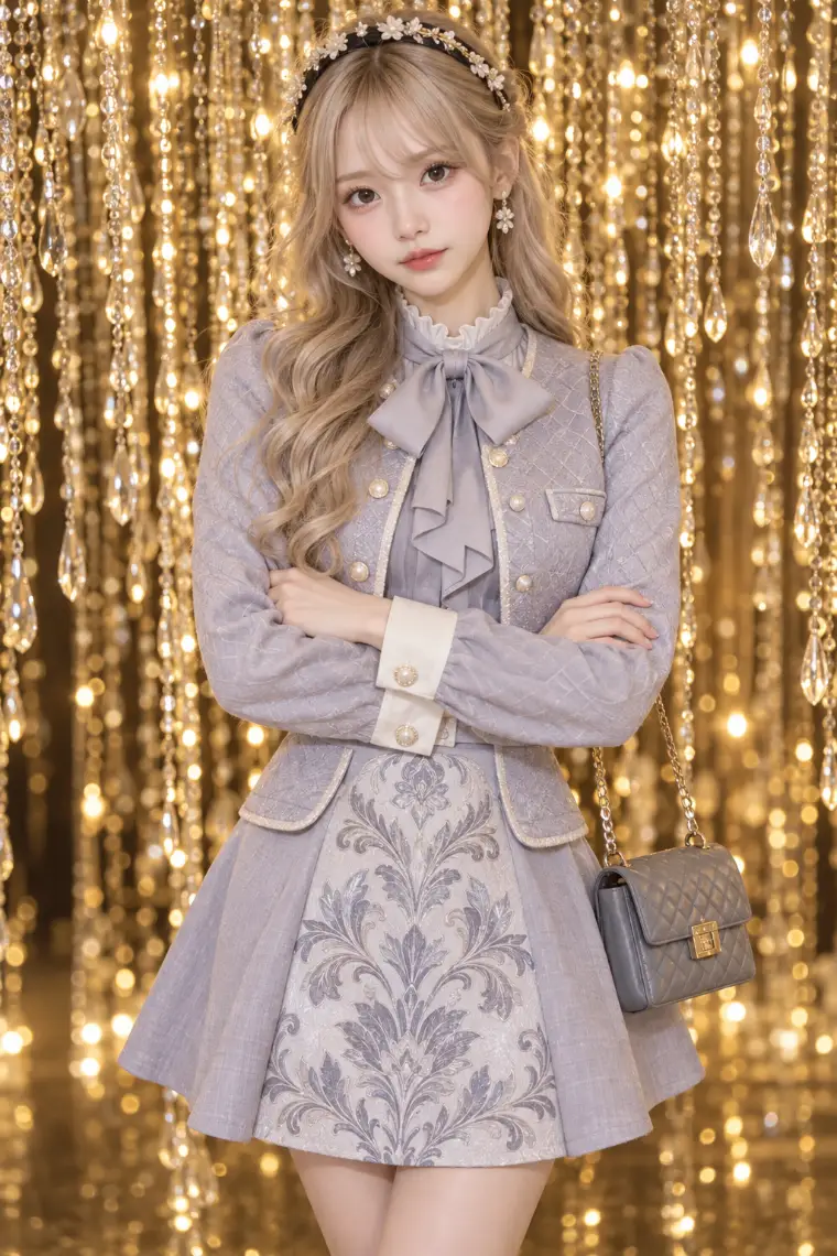 実写AI版｜ラベンダーグレーのショートジャケット、ダマスク柄のフレアミニドレス、花飾りのヘッドバンド