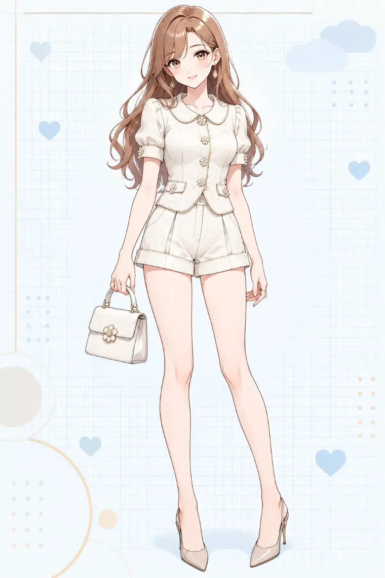 AIイラスト版｜アイボリーの半袖ジャケットとショートパンツ、花形ジュエルボタン、スリングバックパンプス