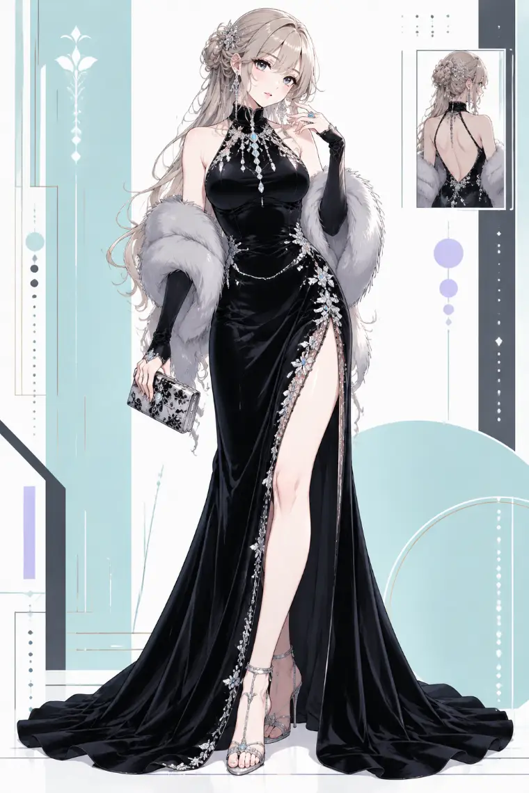 AIイラスト版｜黒ベルベットのホルターロングガウン、クリスタル装飾、シルバーグレーのファーストール