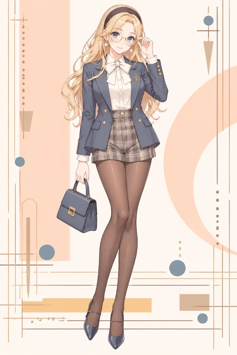 AIイラスト版｜ブルーグレーのブレザー、アイボリーのボウタイシャツ、チェックショーツ、金縁メガネ