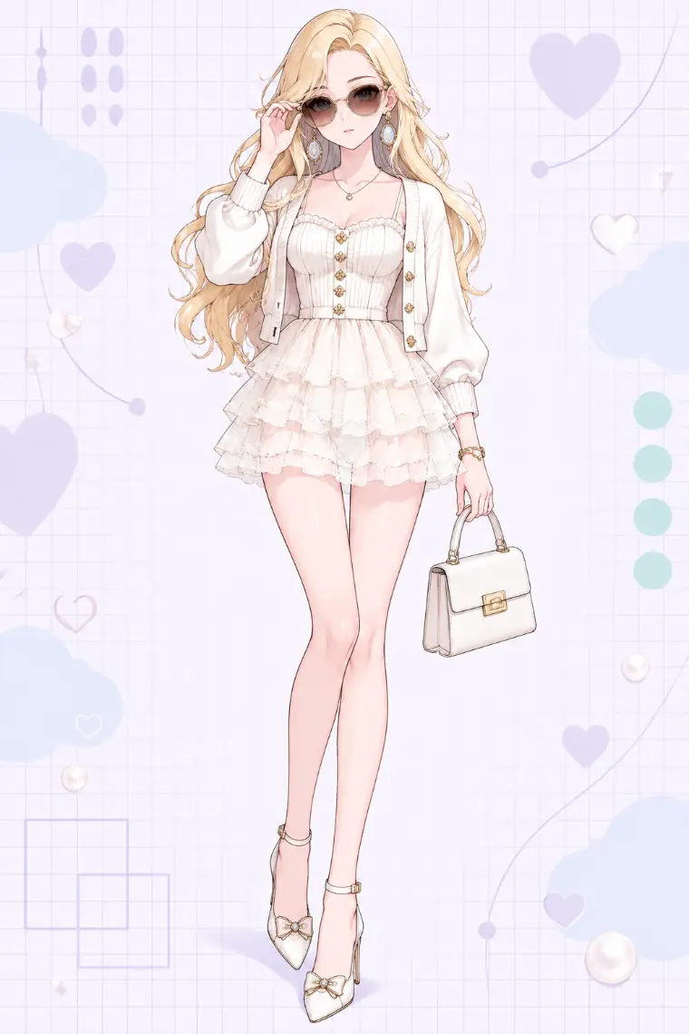 AIイラスト版｜白のショートカーディガン、アイボリーの3段ティアードレースミニドレス、リボンパンプス