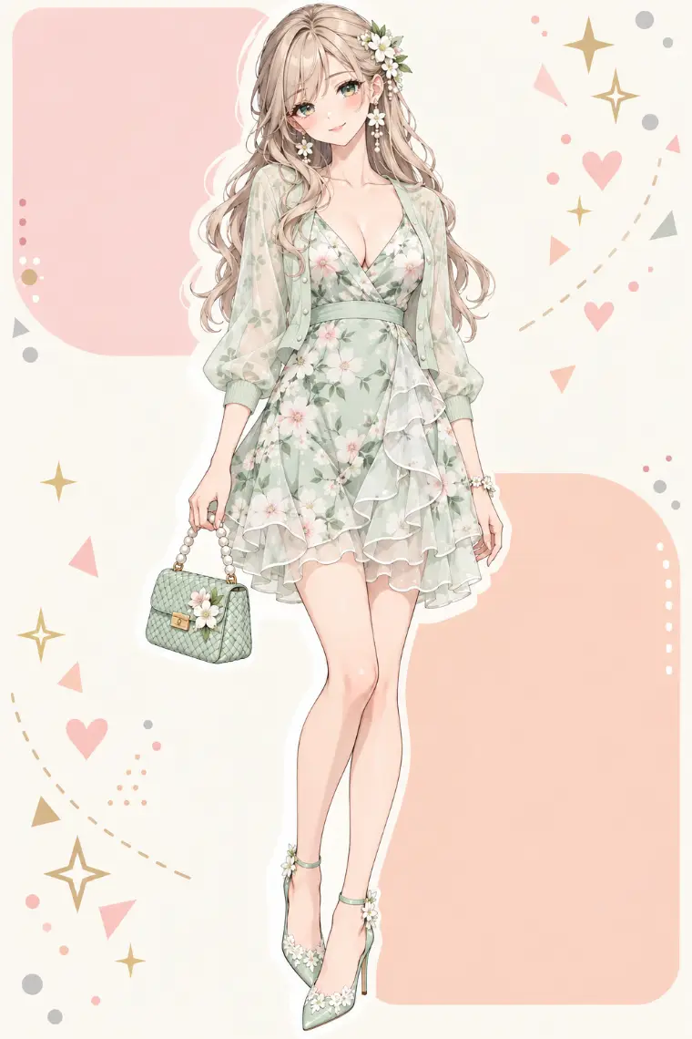 AIイラスト版｜淡ミントのシアーカーディガン、白とピンクの花柄ラッフルドレス、花飾りのミントパンプス