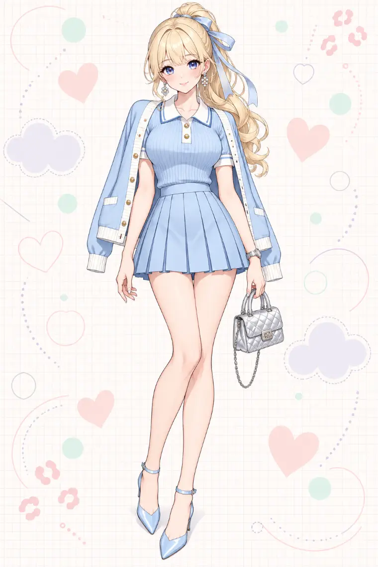 AIイラスト版｜ライトブルーのポロニットと肩掛けカーディガン、同色プリーツミニ、ブルーのヘアリボン