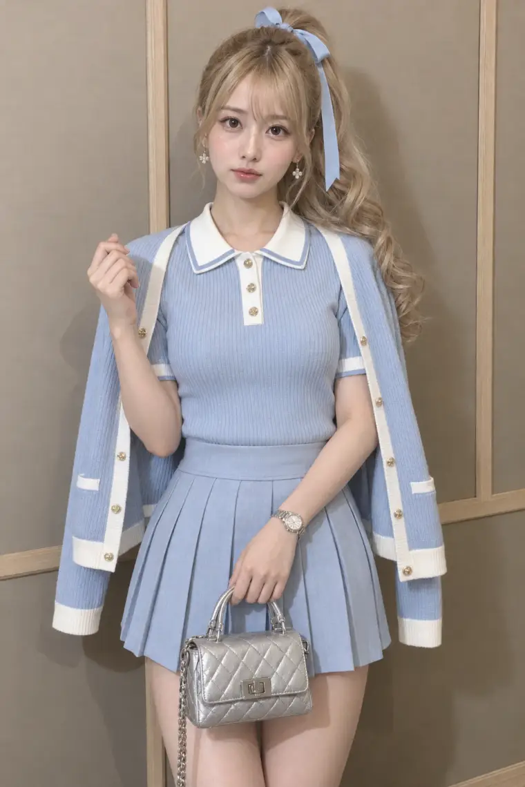 実写AI版｜ライトブルーのポロニットと肩掛けカーディガン、同色プリーツミニ、ブルーのヘアリボン