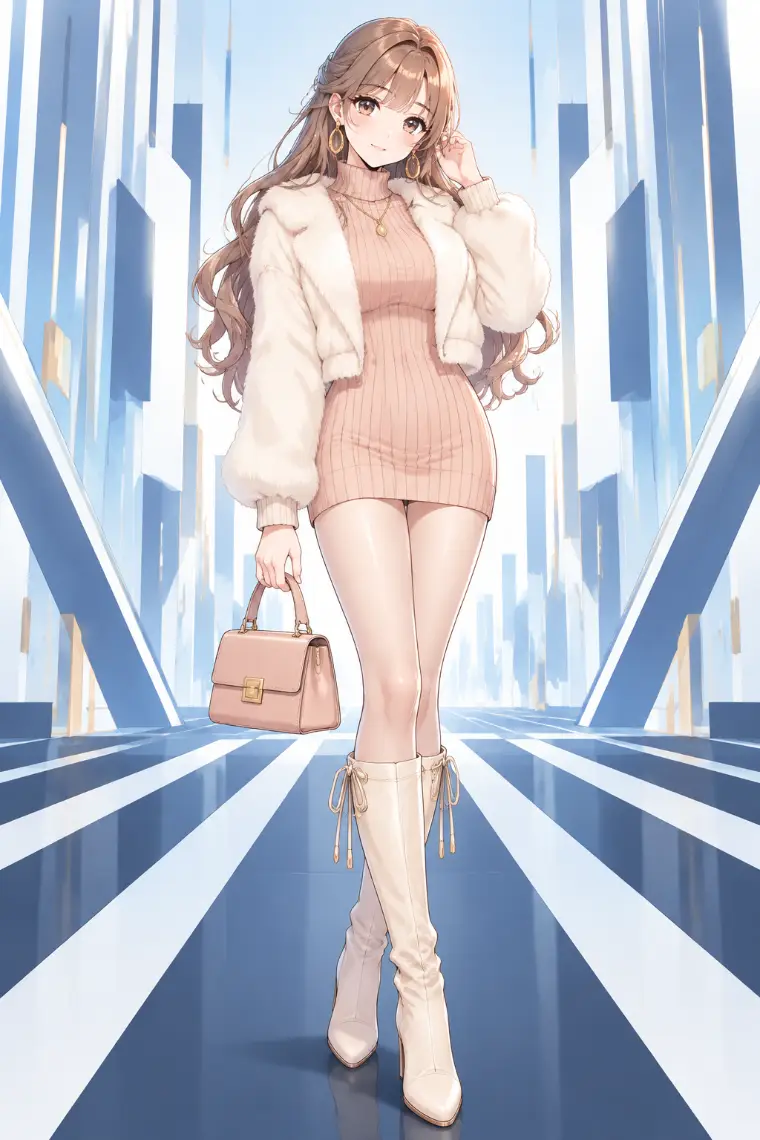 AIイラスト版｜アイボリーのショートファージャケット、ピーチベージュのリブニットミニ、クリームの膝丈ブーツ