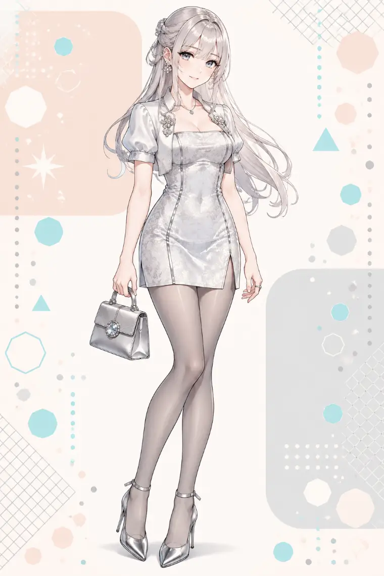 AIイラスト版｜シルバーのショートボレロ、スクエアネックのミニドレス、銀色の花形装飾
