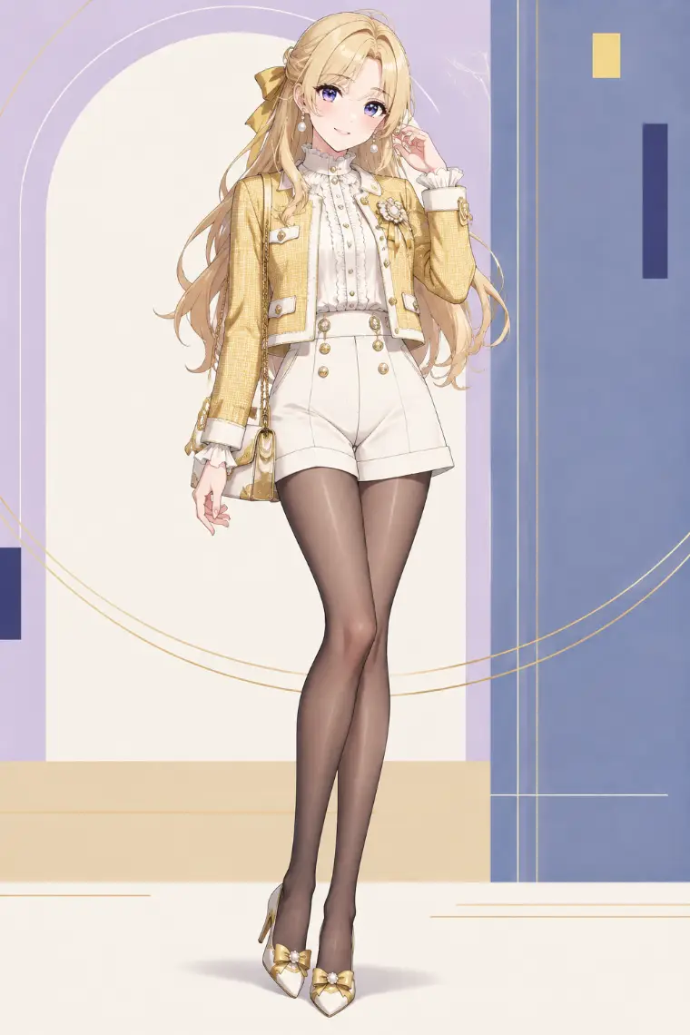 AIイラスト版｜ゴールデンイエローのツイードジャケット、アイボリーのフリルブラウスとショーツ、パール花ブローチ