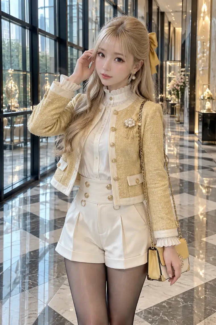 実写AI版｜ゴールデンイエローのツイードジャケット、アイボリーのフリルブラウスとショーツ、パール花ブローチ