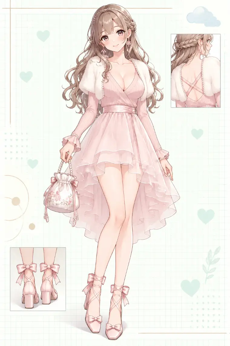 AIイラスト版｜アイボリーのパール付きファーボレロ、淡ピンクのラップニットと二層のシアースカート