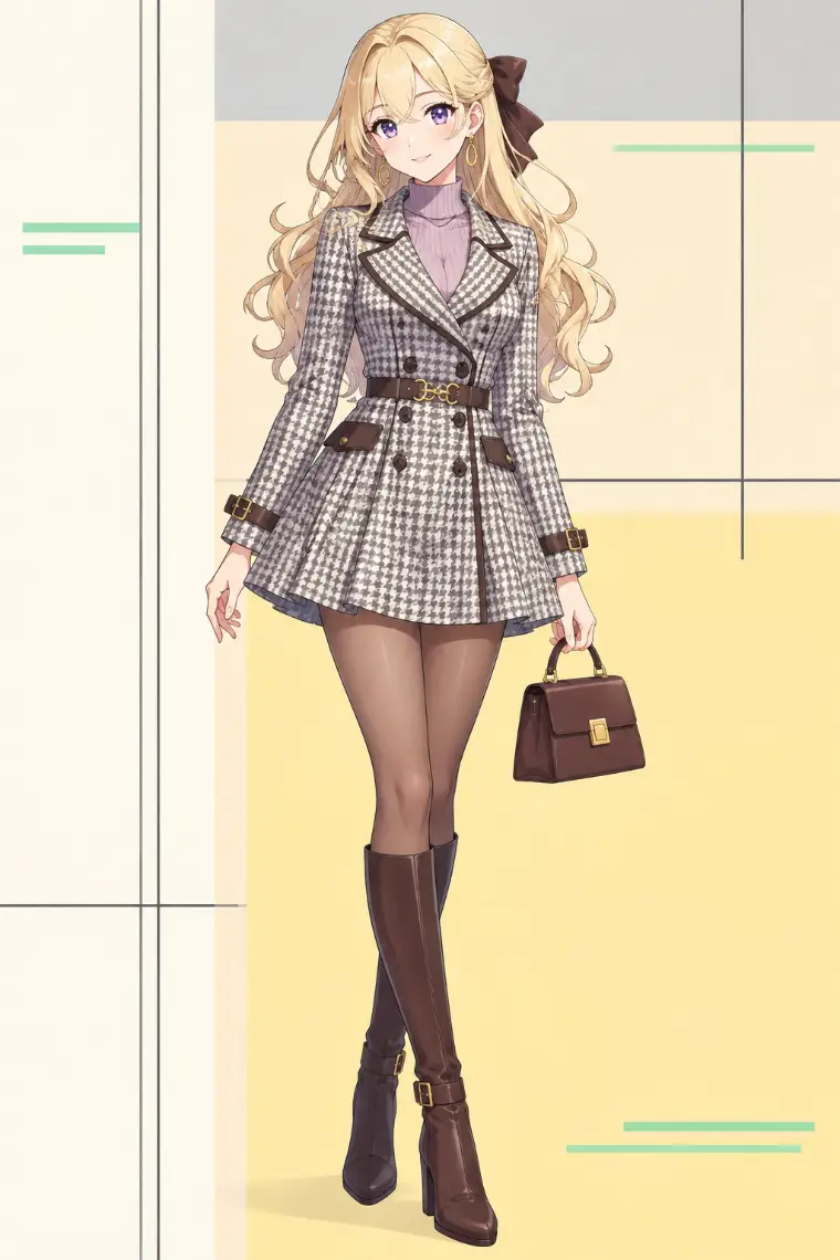 AIイラスト版｜グレーの千鳥格子コートドレス、くすみラベンダーのタートル、ダークブラウンのロングブーツ