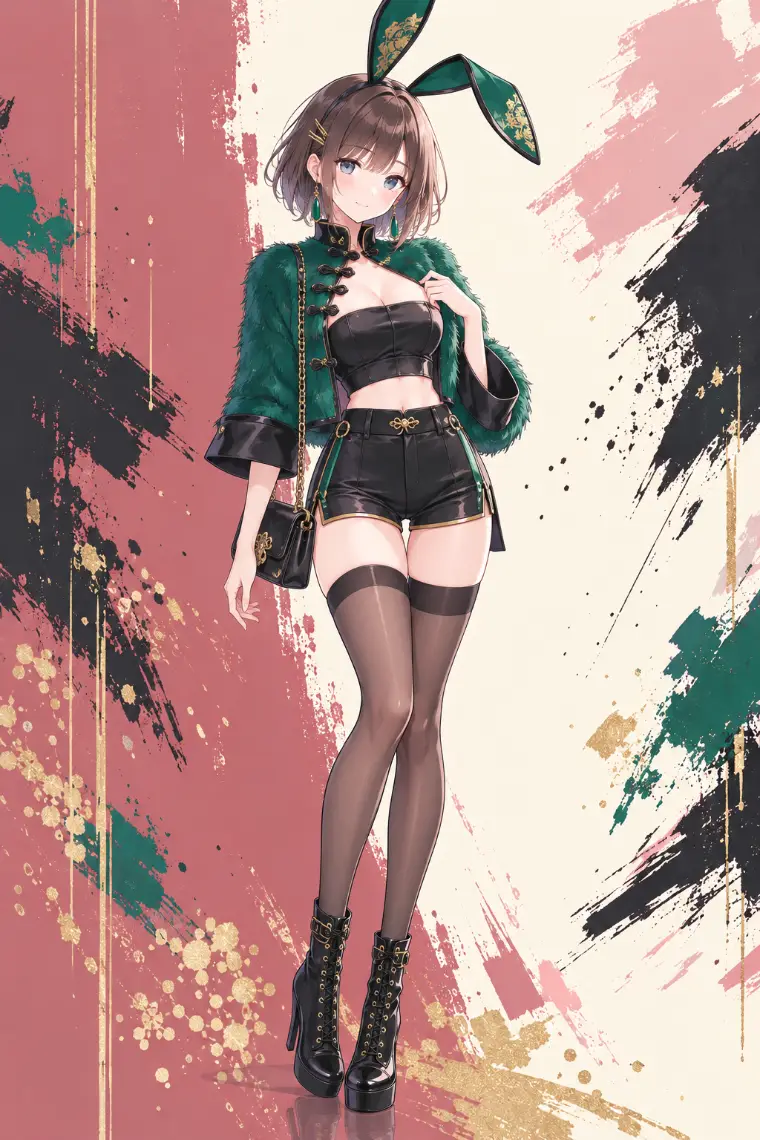 AIイラスト版｜エメラルドの短丈ファージャケット、黒のショーツ、厚底ブーツ