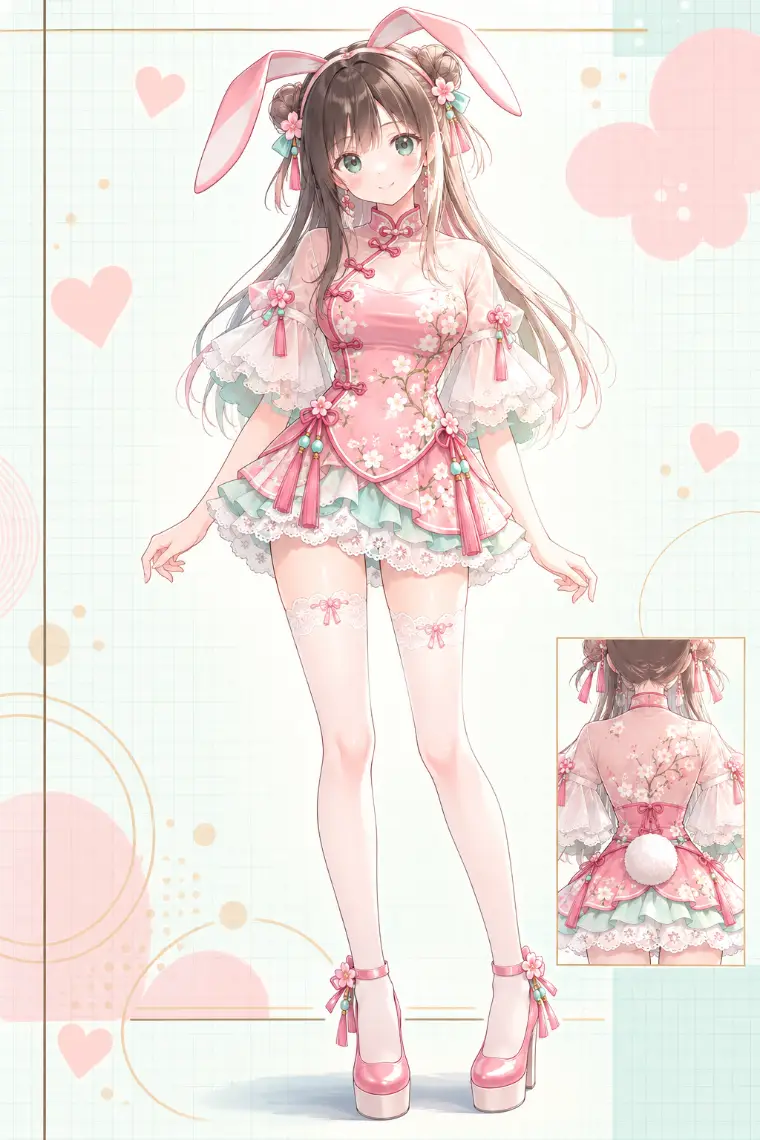 AIイラスト版｜桜ピンクの花柄フリルチャイナミニ、白のレースニーハイ、ピンクの厚底パンプス