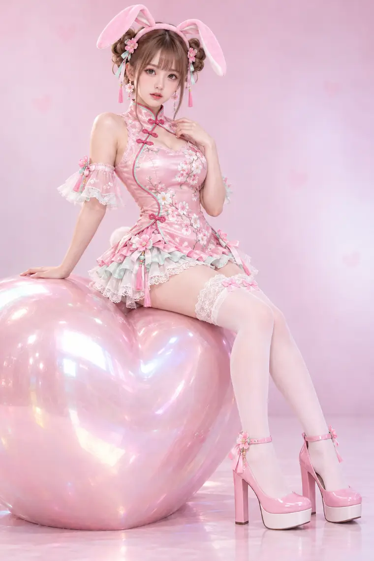 実写AI版｜桜ピンクの花柄フリルチャイナミニ、白のレースニーハイ、ピンクの厚底パンプス