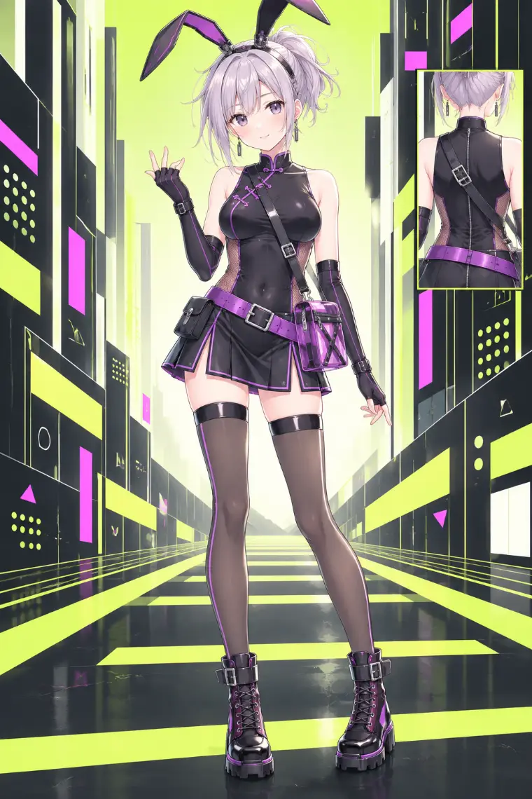 AIイラスト版｜黒×紫のチャイナミニドレス、紫の斜めベルト、黒の厚底編み上げブーツ