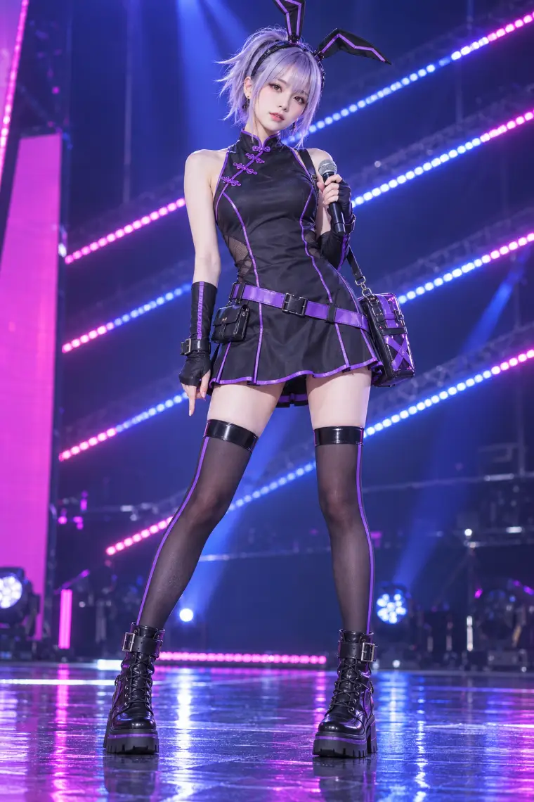 実写AI版｜黒×紫のチャイナミニドレス、紫の斜めベルト、黒の厚底編み上げブーツ