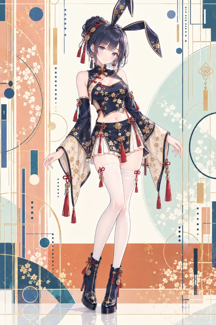 AIイラスト版｜紺サテンの短丈チャイナ上衣、アイボリーの広袖、紺のミニキュロット