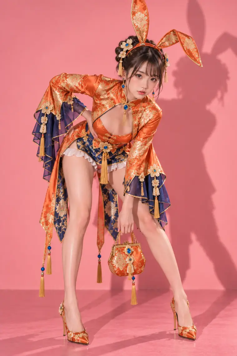 実写AI版｜橙の牡丹柄ロングパネル衣装、藍色の裏布、青のショーツ