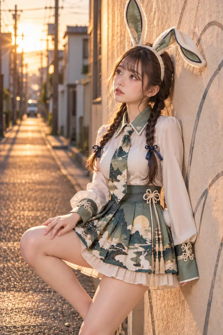 実写AI版｜クリームのうさ耳、山水柄のプリーツミニとネクタイ、茶のローファー