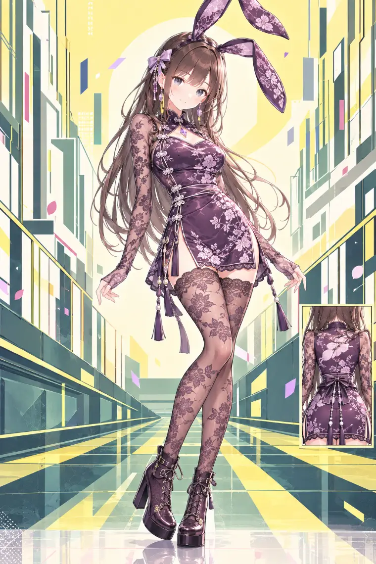 AIイラスト版｜葡萄紫の花柄チャイナミニ、花レースの袖とストッキング、紫の厚底ブーツ