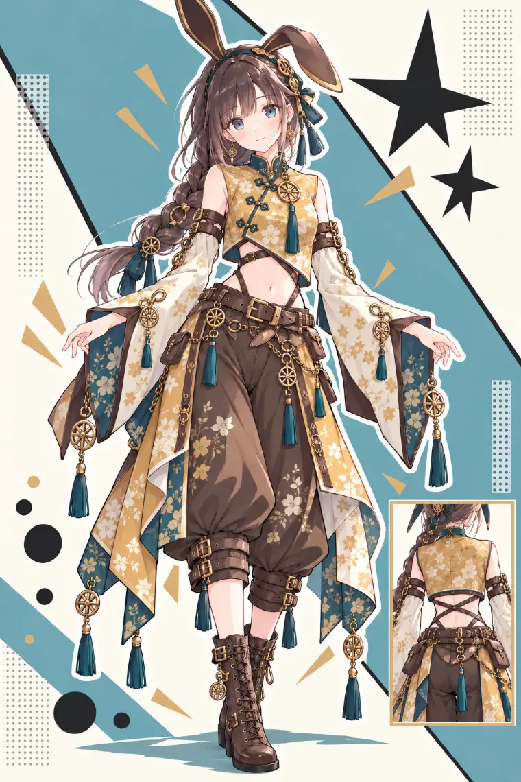 AIイラスト版｜黄土金の花柄短丈ジャケット、茶のバルーンパンツ、真鍮飾りと革ベルト
