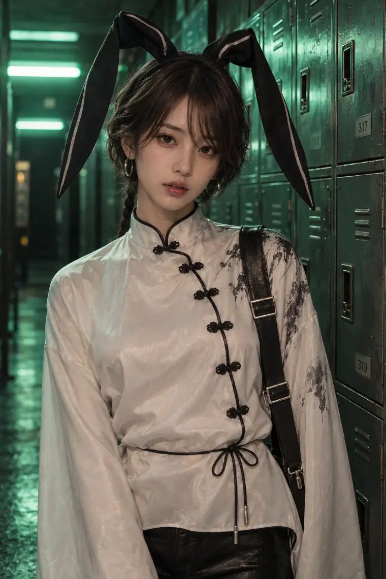 実写AI版｜白地に水墨山水柄のロングチャイナシャツ、黒の細身パンツ、白ブーツ