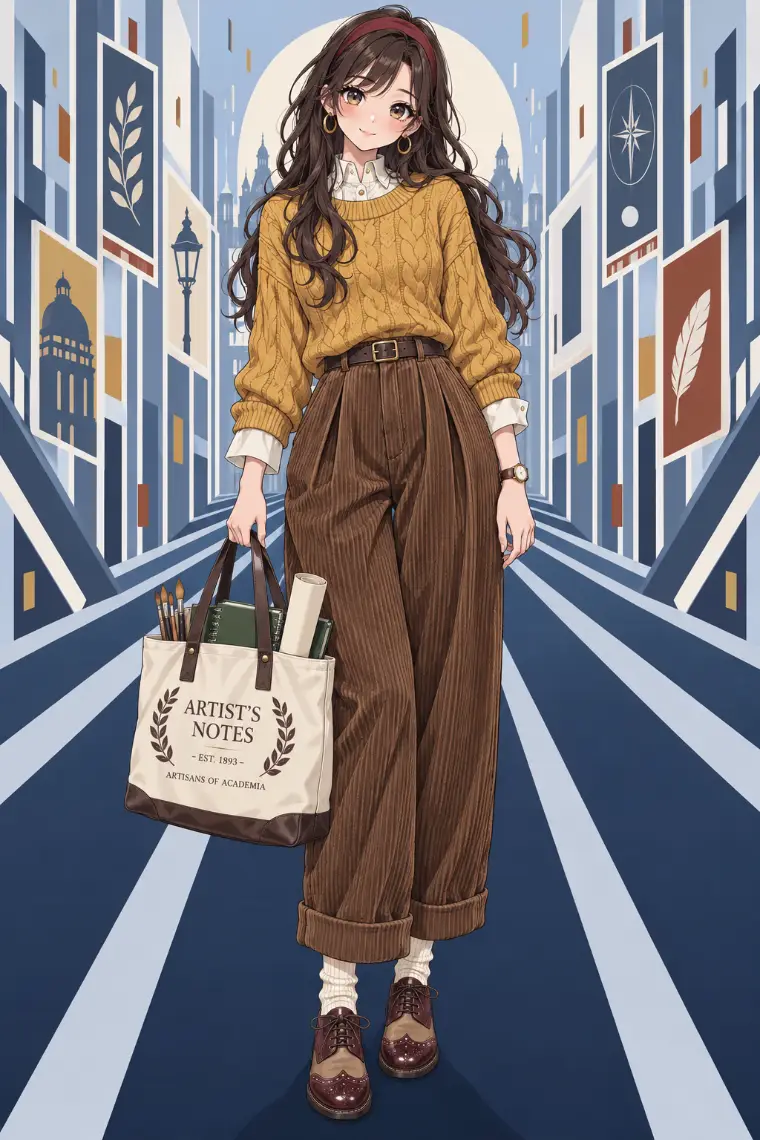 AIイラスト版｜マスタードのケーブルニット、ブラウンのコーデュロイパンツ、ボルドー×タンのブローグ、画材入りキャンバストート